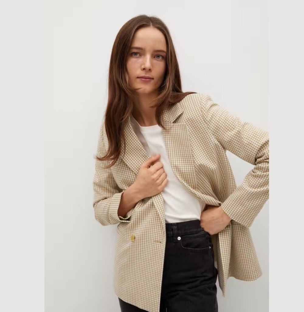 MANGO Women's Gingham Blazer in Brown Size Large